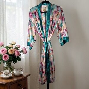 Vintage Sears Floral Satin Trim Robe – Size M  Inner Most Sheer Striped Kimono